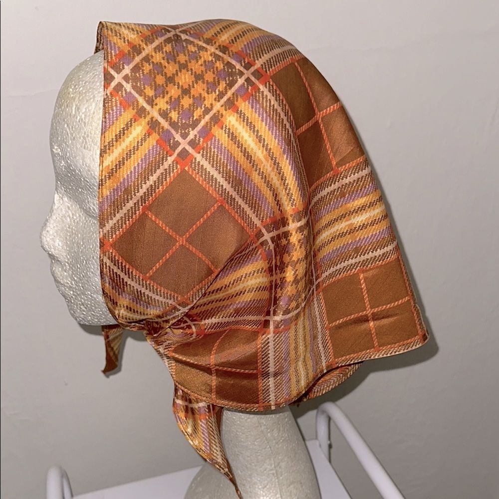 Vintage Mid Century Plaid Brown, Tan, Gold, Lavender‎ Triangle Headscarf